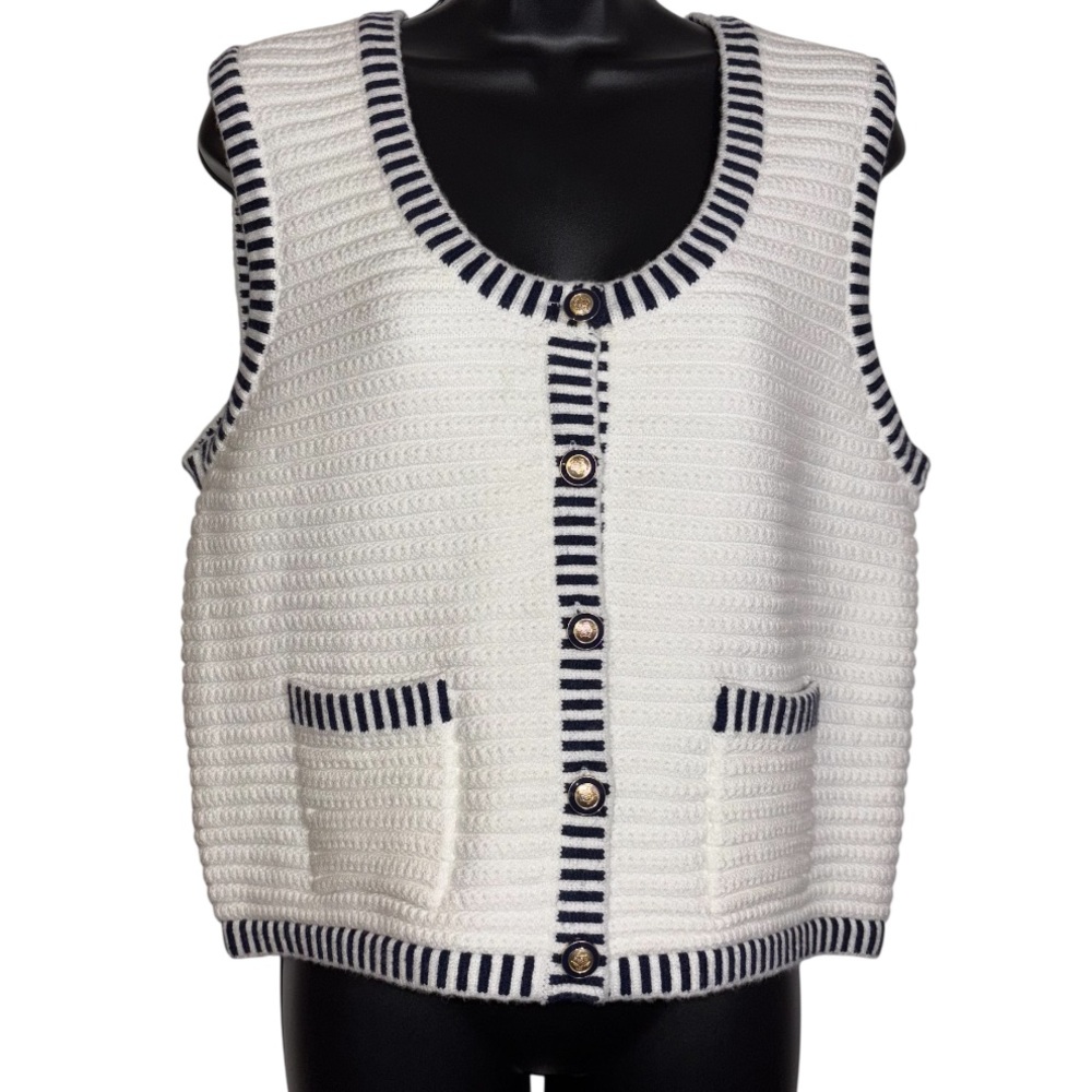 Joie Sweater Vest Cable Knit Nautical White Button Front Scoop Neck Size Large